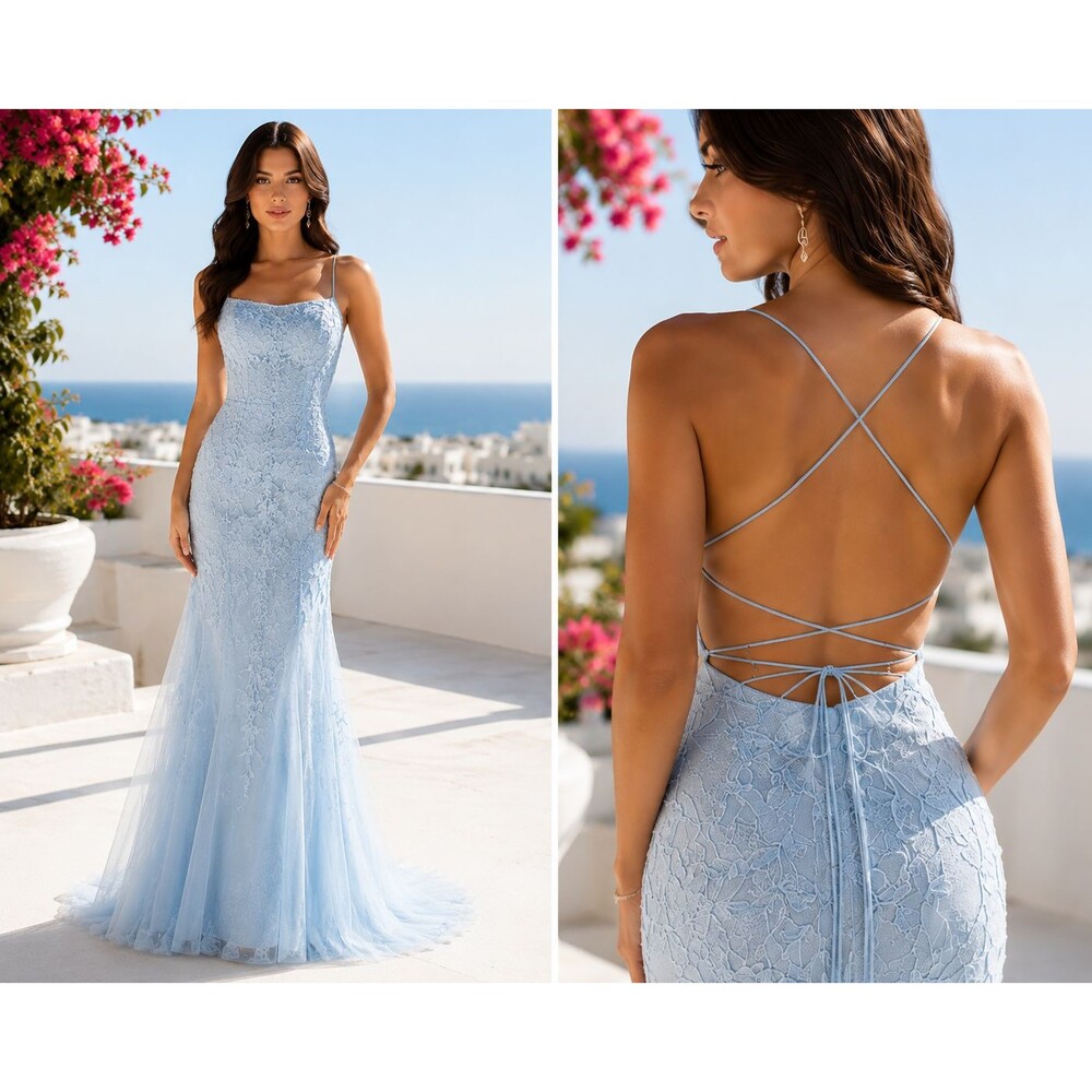 NWT Elegant Lace Mermaid Maxi Dress with Crisscross Back - Light Blue